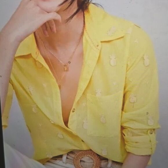 Anthropologie Maeve Yellow Button Down Top w/Pineapples Size 6 - Picture 1 of 10